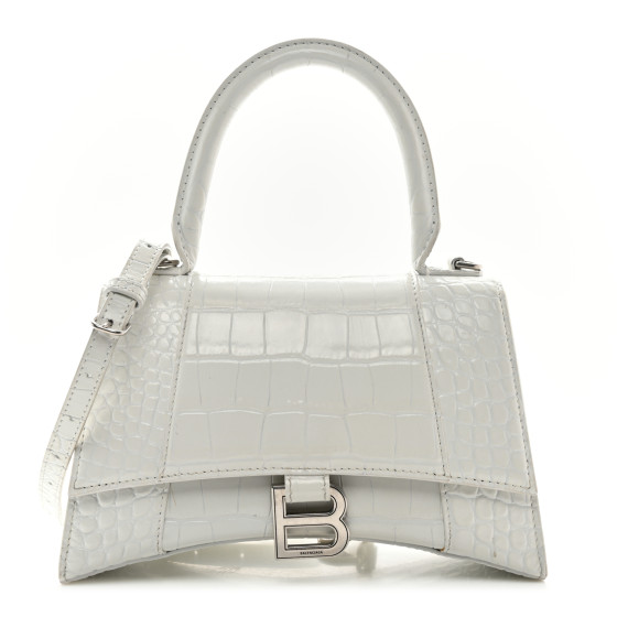 ショルダーバッグ・ポシェット BALENCIAGA HOURGLASS MINI HANDBAG IN WHITE SHINY CROCODILE BALENCIAGA Shiny Calfskin Crocodile Embossed Small Hourglass