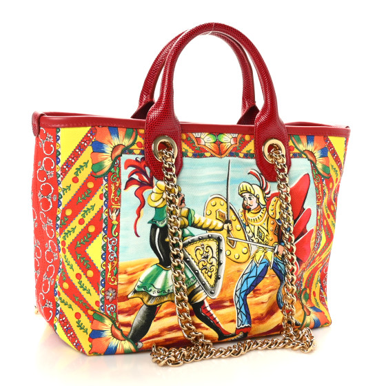 DOLCE GABBANA Canvas Snakeskin Carretto Print Capri Tote Red