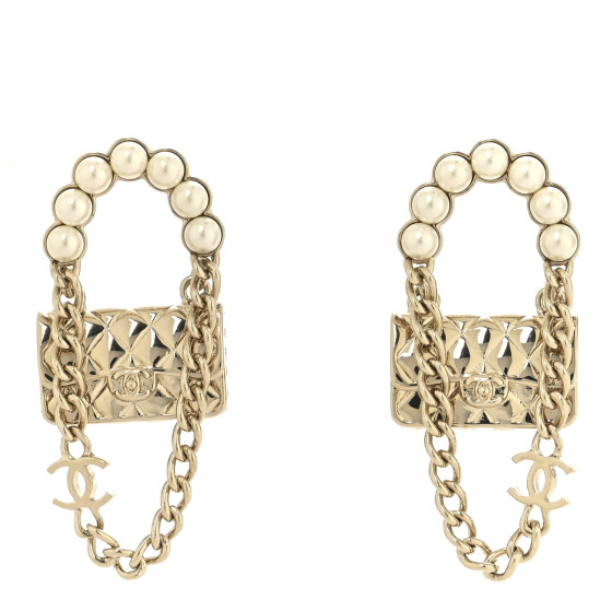 CHANEL Metal Pearl Quilted CC Flap Bag Earrings Gold 1692363