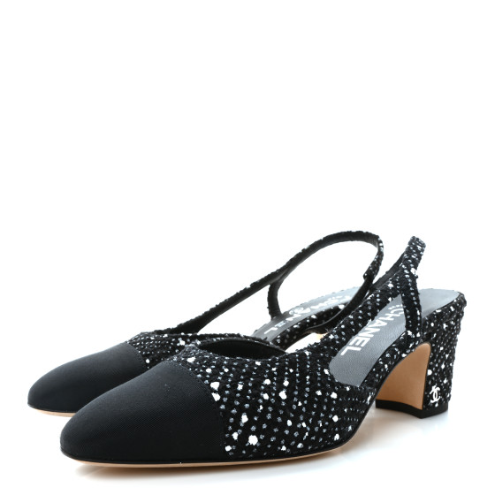 CHANEL Tweed Grosgrain Cap Toe CC Slingback Pumps 37 Black