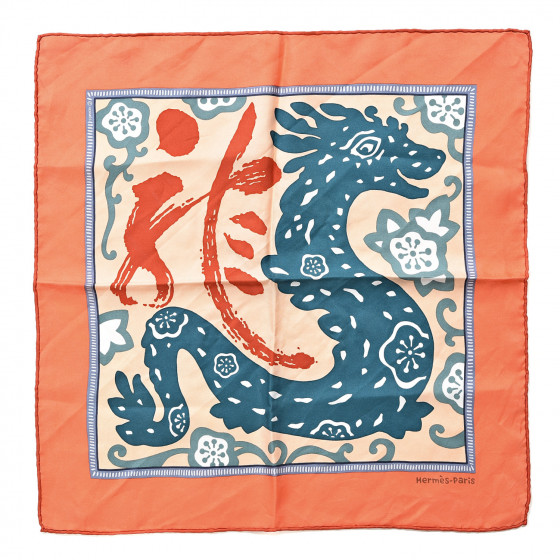 HERMES Silk Twill L Annee Du Dragon Pocket Square Scarf