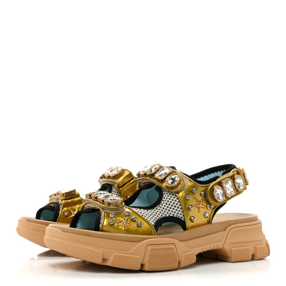 GUCCI Silk Calfskin Mesh Crystal Embellished Studded Womens