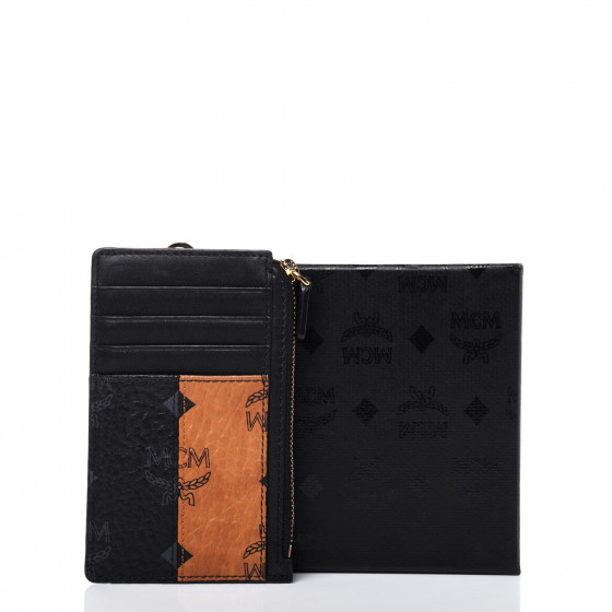 MCM Visetos Lanyard Card Case Holder Black Cognac 755928