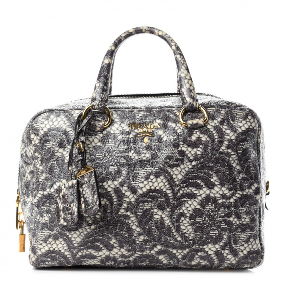 PRADA Cervo Lux Print Lace Bauletto Bag Talco 914805