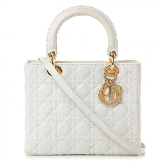 Dior★Dior Medium Lambskin Cannage Lady Dior White CHRISTIAN DIOR Lambskin Cannage Medium Lady Dior White