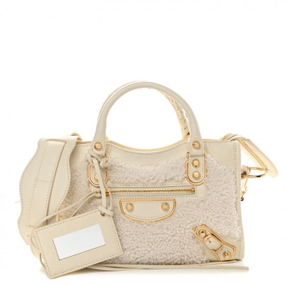 BALENCIAGA Shearling Nappa Gold Metallic Edge Hardware Mini City Cream  912658  FASHIONPHILE