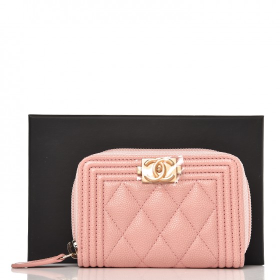 CHANEL Caviar Quilted Boy Zip Around Coin Purse Wallet Light