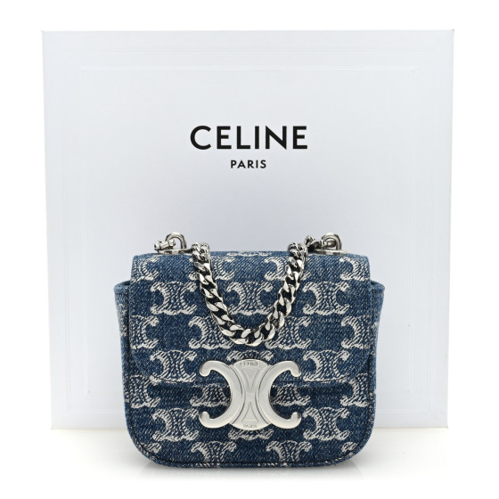 バッグ Vintage Celine Denim Triomphe Handbag CELINE Denim Triomphe Claude Chain Shoulder Bag Blue Silver