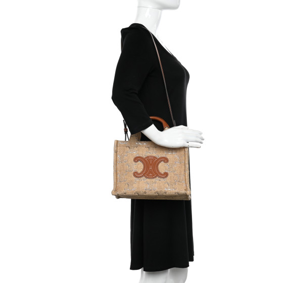 CELINE Raffia Effect Calfskin Triomphe Jacquard Small Cabas