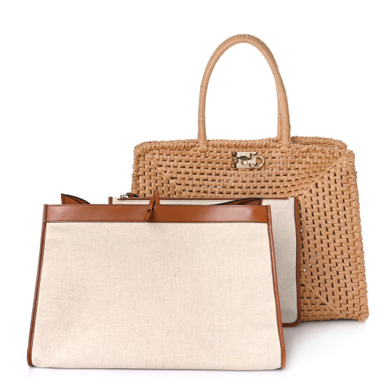 SALVATORE FERRAGAMO Raffia XL Studio Box Tote Natural