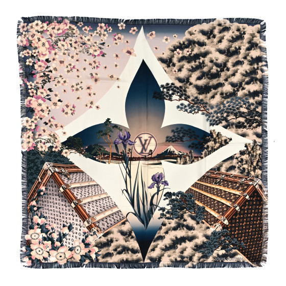 LOUIS VUITTON Silk Voyage Au Japon Square Scarf 70 Black