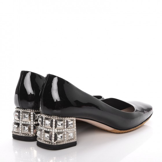 MIU MIU Patent Crystal Heel Pumps 37 Black 276042 | FASHIONPHILE