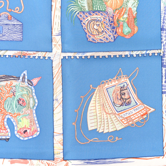 HERMES Silk Chevaloscope Scarf 90 Bleu Orange Multicolor