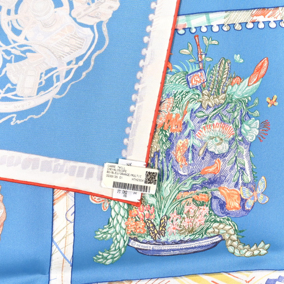 HERMES Silk Chevaloscope Scarf 90 Bleu Orange Multicolor