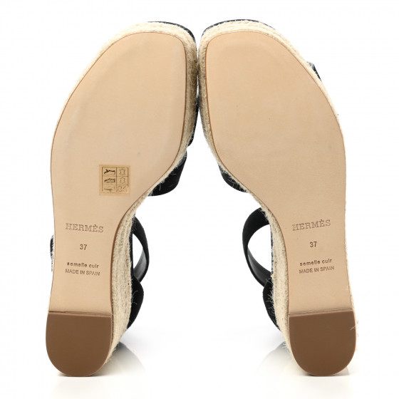 HERMES Suede Elda Espadrille Wedge Sandals 37 Black 1053939