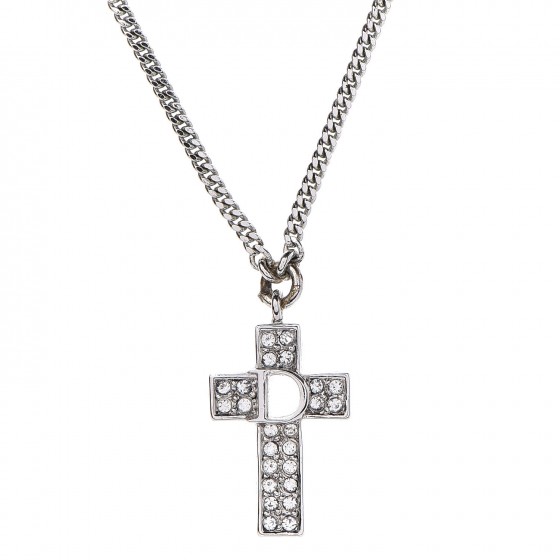 CHRISTIAN DIOR Crystal Cross Necklace Silver 307482