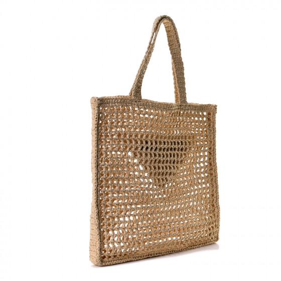 PRADA Yarn Raffia Effect Crochet Logo Embroidered Tote Bag