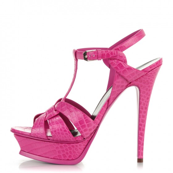 サンダル・ミュール SAINT LAURENT Antiqued Pink Leather Tribute 105 Sandals SAINT LAURENT Calfskin Crocodile Embossed Tribute 105