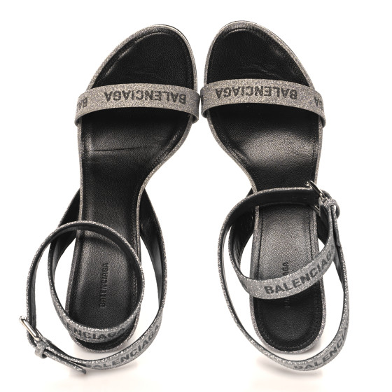 BALENCIAGA Glitter Allover Logo Ankle Strap Round Heel 80mm