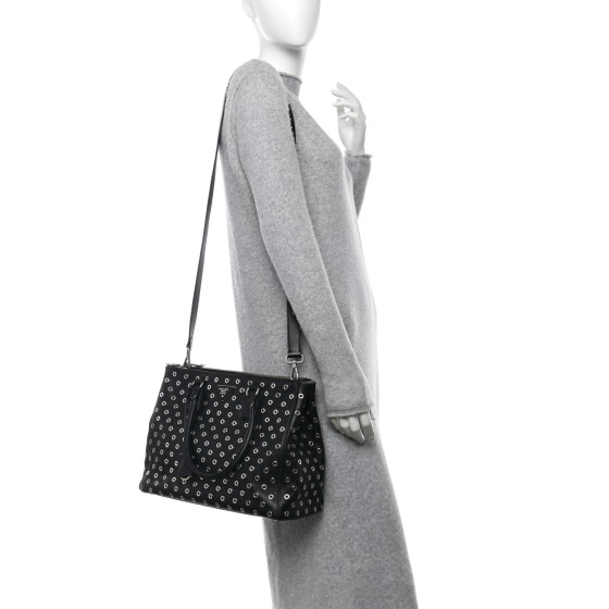 PRADA City Calf Grommet Large Double Zip Tote Black 1674741