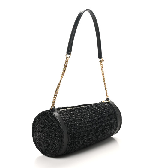 SAINT LAURENT Raffia Monogram Small Cassandre Cylinder Bag