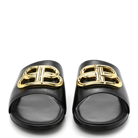 BALENCIAGA Shiny Sheepskin Oval BB Mule Sandals 36 Black