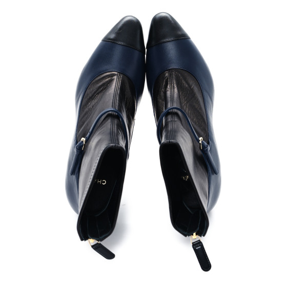 CHANEL Lambskin Booties 39 Black Navy
