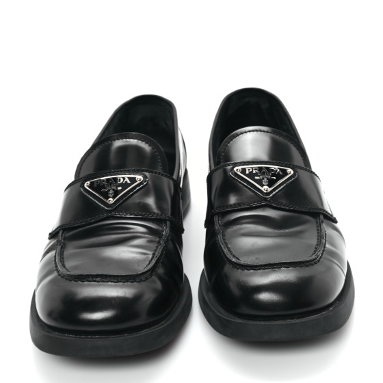PRADA Spazzolato Metal Triangle Logo 20mm Loafers 39.5 Black
