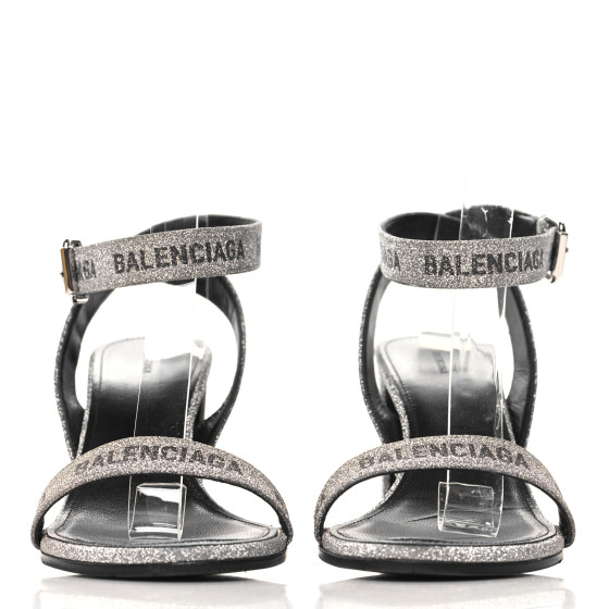 BALENCIAGA Glitter Allover Logo Ankle Strap Round Heel 80mm