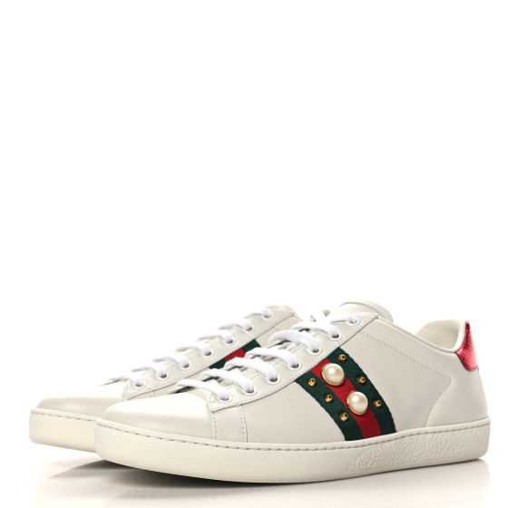 ゆっち GUCCI Calfskin Web Pearl Studded Womens Ace Sneakers 39.5