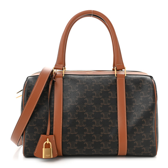 CELINE Triomphe Canvas Calfskin Boston Bag Tan
