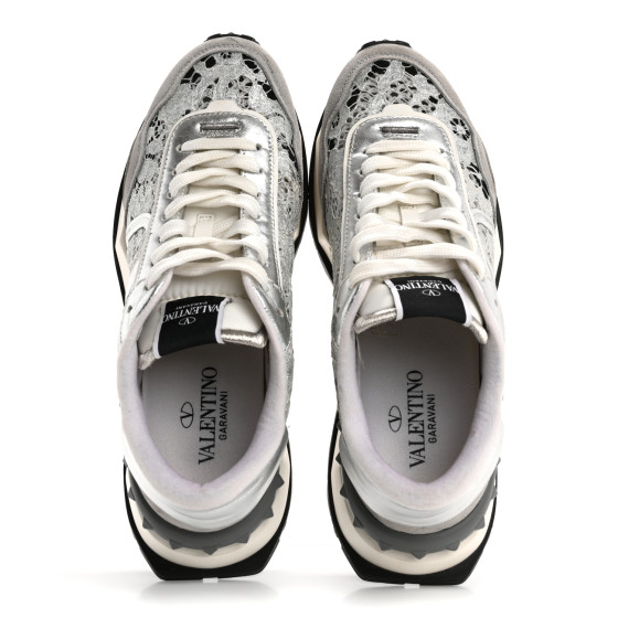 VALENTINO GARAVANI Metallic Calfskin Lace Mesh Lacerunner