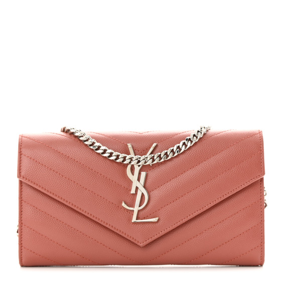 SAINT LAURENT Grain De Poudre Matelasse Chevron Small Monogram Chain Wallet Blush Fonce