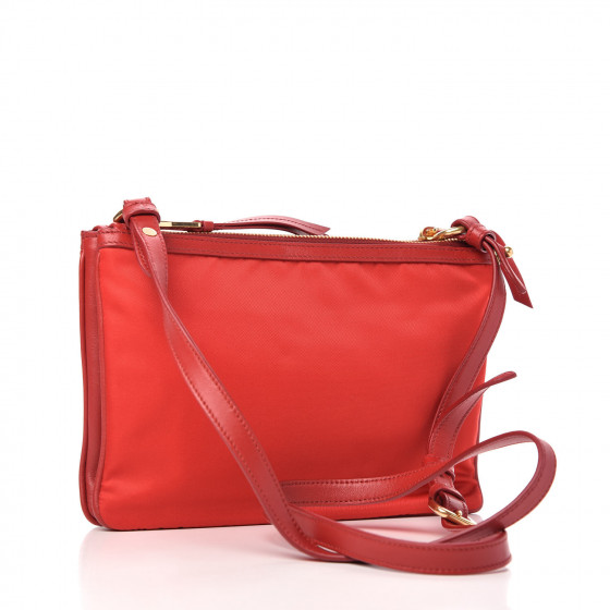 PRADA Tessuto Nylon Soft Calf Double Zip Crossbody Bag Rosso