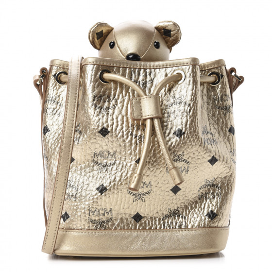 MCM Metallic Visetos Zoo Bear Drawstring Bucket Bag Gold