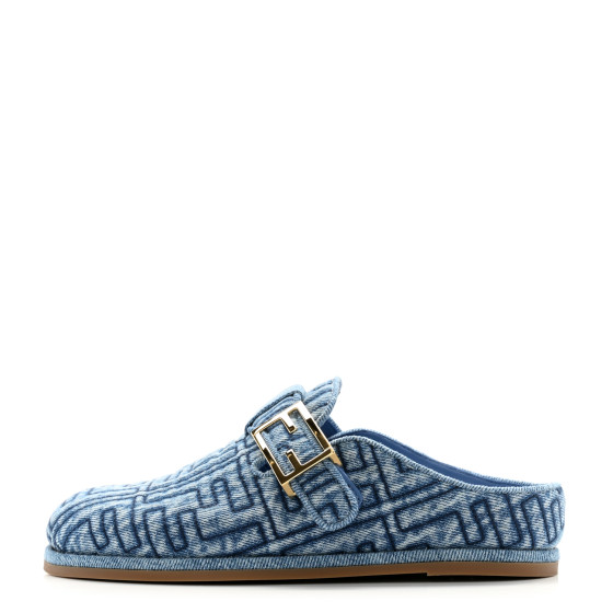 FENDI Denim Jacquard FF Womens Fendi Feel Buckled Mules 36.5