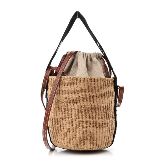 CHLOE X MIFUKO Raffia Calfskin Small Woody Basket Shoulder Bag Black Beige