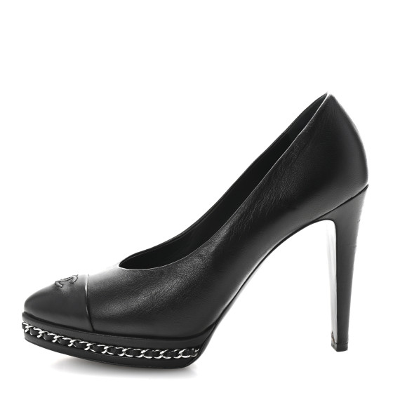 CHANEL Lambskin CC Cap Toe Platform Chain Pumps 39 Black