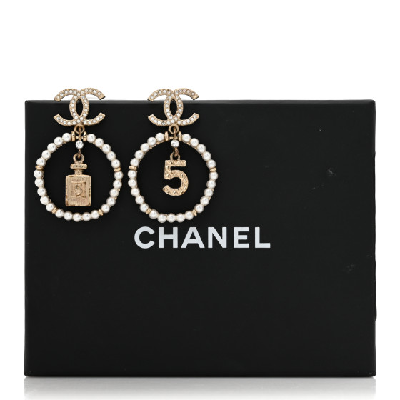 CHANEL Crystal Pearl Chanel Charms CC Drop Earrings Gold