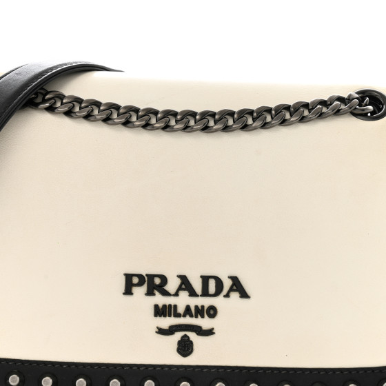 PRADA Glace Calfskin Studded Crossbody White Black 1688261