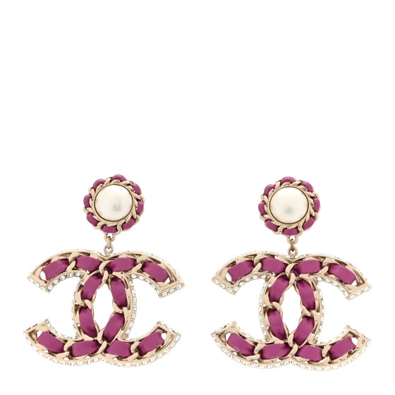CHANEL Pearl Lambskin Crystal Chain CC Drop Earrings Pink