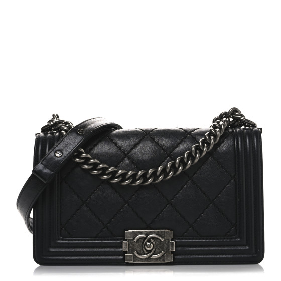 CHANEL Calfskin Double Stitch Medium Boy Flap Black