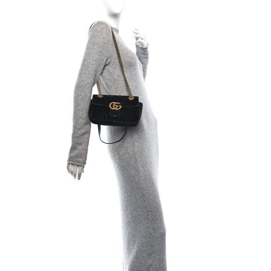 GUCCI Velvet Matelasse Mini GG Marmont Shoulder Bag Black
