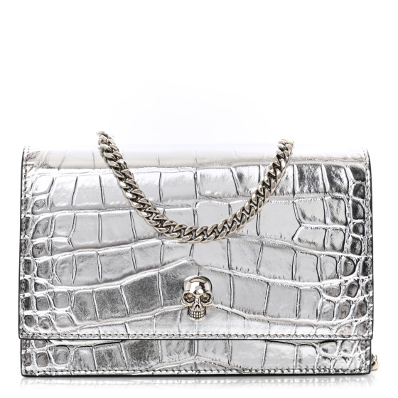 ALEXANDER MCQUEEN Metallic Calfskin Crocodile Embossed Skull Mini Shoulder Bag Silver