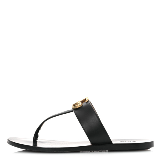 GUCCI Calfskin GG Marmont Thong Sandals 36.5 Black 1684156