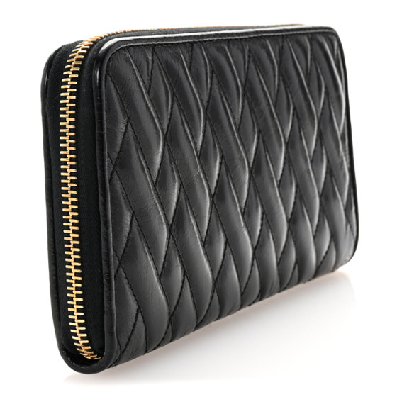 MIU MIU Vitello Shine Matelasse Zip Around Wallet Black