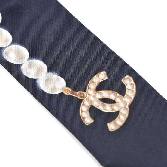 CHANEL Silk Pearl CC Slim Bandeau Scarf Navy 587787