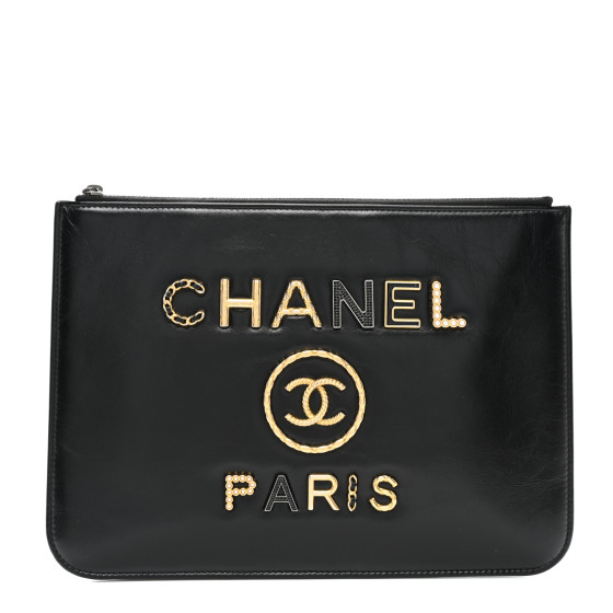 CHANEL Aged Calfskin Medium Charms Deauville Pouch Black