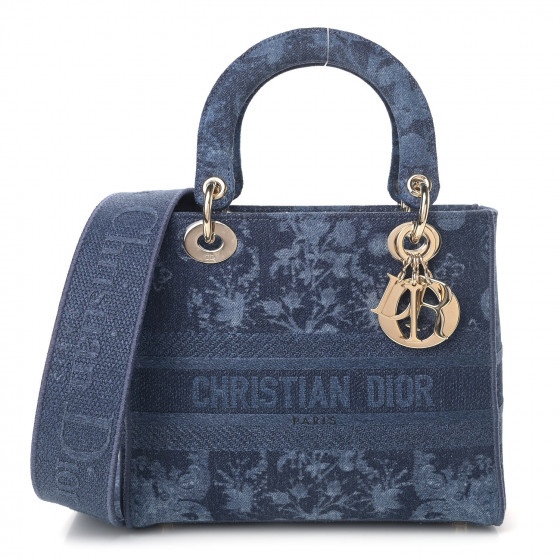 CHRISTIAN DIOR Denim Flowers Embroidered Medium Lady D-Lite