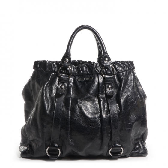 美品 miu miu ハンドバッグ 黒 VITELLO LUX MIU MIU Leather Vitello Lux Gathered Tote Black 70624